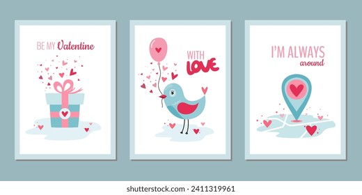 Set of greeting cards concept in retro style. Set of Valentines day greeting cards. Vector illustration