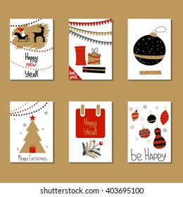 Set of greeting cards. Congratulations on Christmas and New Year. painted by hand. Vector, illustrator. Holiday invitation design.
