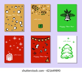 Set of greeting cards. Congratulations on Christmas and New Year. Painted by hand. Vector, illustrator. Holiday invitation design.