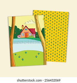 set of greeting cards to the cottage on the lake. Templates of forms to advertise real estate. protection of the environment. Invitation card with newcomers.  The Lake House is painted by hand