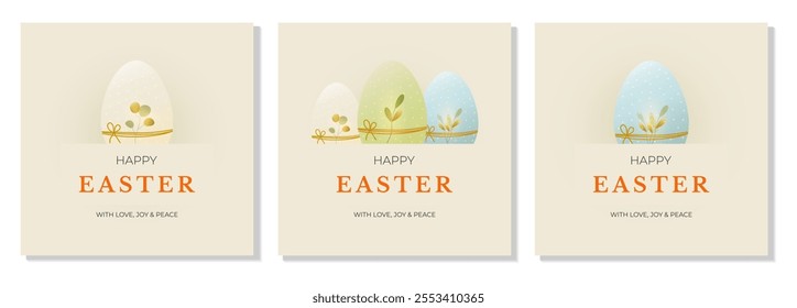 A set of greeting cards, covers, posters of "Happy Easter". Festive Easter eggs, flowers, plants, dots. Templates with a delicate pastel palette: green, beige, blue, soft gradient. Vector illustration