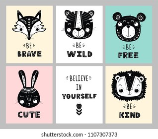 Set of greeting cards with cute animals in Scandinavian style. Vector illustration
