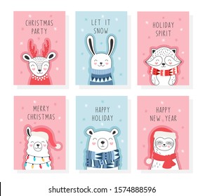 Set of greeting cards with cute animals. Cartoon style for Christmas and New Year. Concept of winter, holidays. Vector illustration for children.