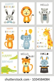 Set of greeting cards with cute animalsfor invitations, baby shower, happy birthday