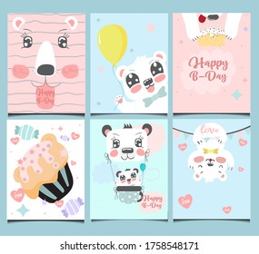 Set of greeting cards cute bear bear.Cute forest animal