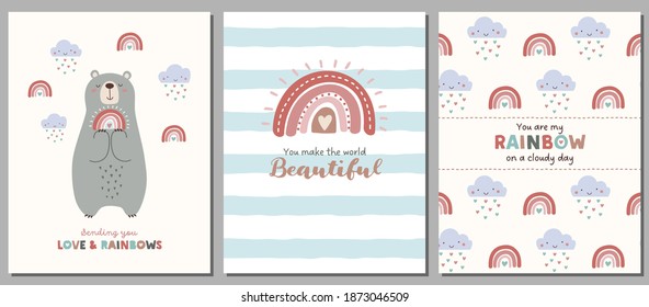 Set of greeting cards with cute bear, rainbows, and clouds.  Hand drawn illustrations of bear, rainbows, and clouds in soft pastel colors. Can be also used for posters, covers, banners, and more.