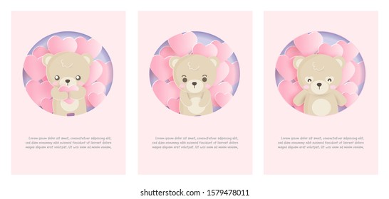 Set of greeting cards with cute bears in paper cut and craft style for birthday , valentine's day .