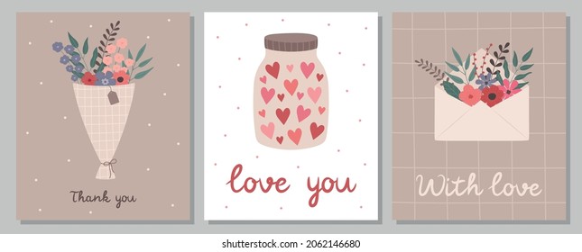 A set of greeting cards. Cute bouquet of flowers, hearts in a jar, flowers in an envelope. Vector illustration for invitations, postcards, posters