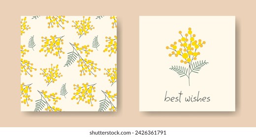 Satz Grußkarten. Nette Zweige Mimosa Bouquet. Frühling einfache florale flache Design Hintergrund. Vorlage Karte, Einladung, Poster. Mit freundlichen Grüßen Handschrift