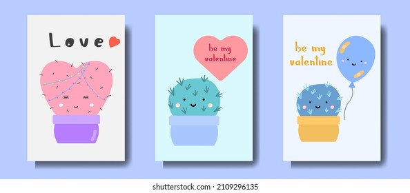 Set of Greeting cards with cute cactus for Valentines Day. Vector illustration for design greeting cards, wedding invitations, party design