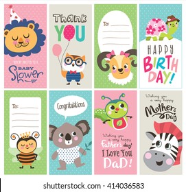 Set of greeting cards with cute cartoon animals