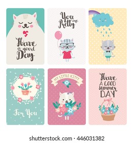 Set of greeting cards with cute cartoon animals and typography. Funny cats with balloon and flower bouquet. Pastel colors. Great design for postcard, invitation and children's party.