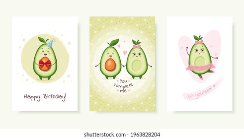 Set of greeting cards with cute characters avocados, ballerina avocado. Happy Birthday, you complete me, be yourself.  