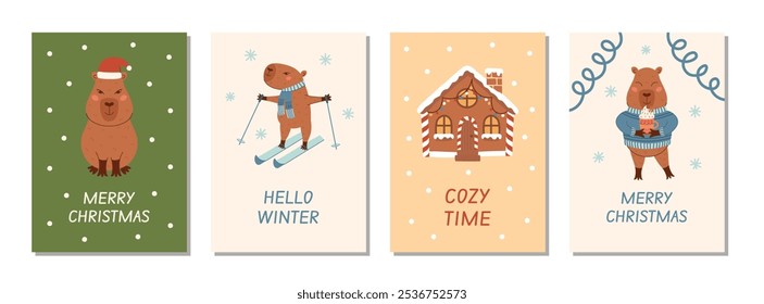 Set of greeting cards with cute Christmas capybara in warm clothes, on skis and a mug of coffee. Collection of winter new year posters with gingerbread house. Vector Flat Illustration.