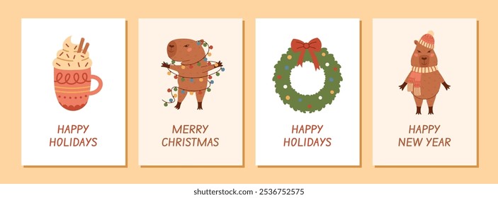 Set of greeting cards with cute Christmas capybara in warm clothes, with Christmas lights, garland. Collection of winter New Year posters with Christmas wreath and coffee mug. Vector flat illustration