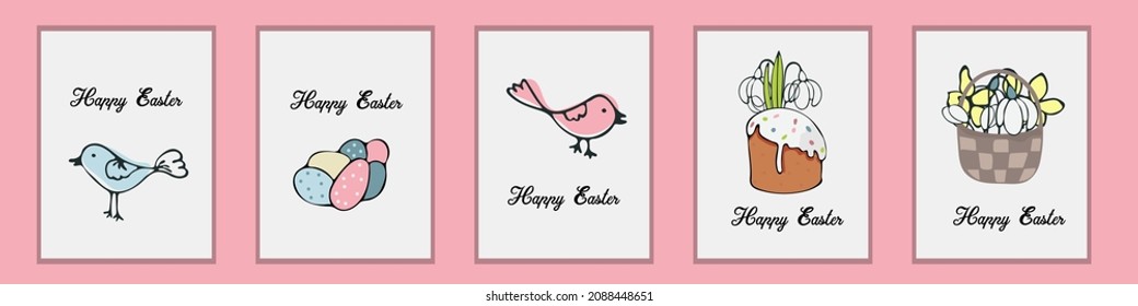 Establece las tarjetas de felicitación. Huevos, plumas, pájaro cantante, sauce y plumas. Decoración ecológicas. Ilustración de dibujos animados planos vectores.