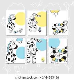 Set of Greeting cards with cute giraffe, lion and tiger on white background. Pattern for gift wrap, textile or book covers, wallpapers and scrapbook. 