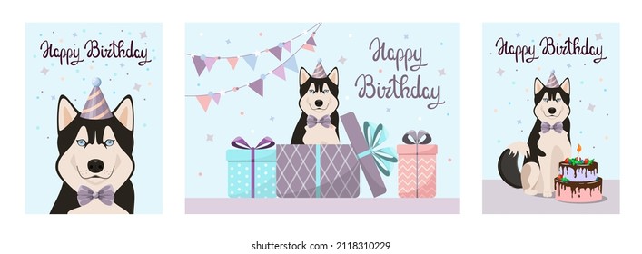 A set of greeting cards with a cute husky. Happy Birthday. Cartoon design.
