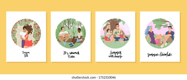 Juego de tarjetas de felicitación con ilustraciones lindas. Vacaciones familiares, pasar tiempo con tu ser querido. Actividades de verano en la naturaleza, vacaciones de primavera. Picnic en el bosque y parque. Ilustración vectorial. 