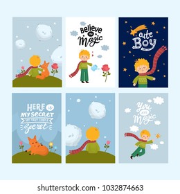 Set of greeting cards with cute little boy. Space, planets, rainbow, stars, cute boy character, little fox. Hand drawn lettering. For nursery poster, baby room print, shower card.