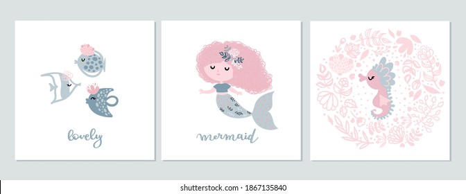 A set of greeting cards with a cute mermaid and cartoon sea animals. Vector illustration in hand drow style. Fish in the Scandinavian style