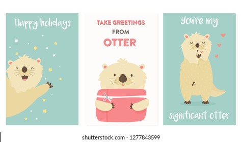 Set of greeting cards with cute otters. Animal character design. Vector illustration