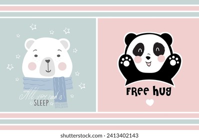 Set of greeting cards with cute panda and polar bear. Vector illustration. Sweet dreams free hug concept design with panda, design for fashion graphics, t shirt prints, posters, wall arts, stickers