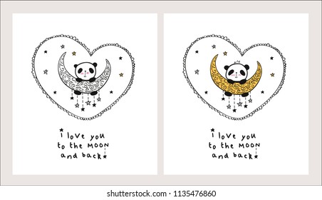 Set of Greeting cards with cute pandas on the gold moon and hearts for Valentine's Day, Mother's Day, Father's Day, birthday, wedding. Vector illustration.