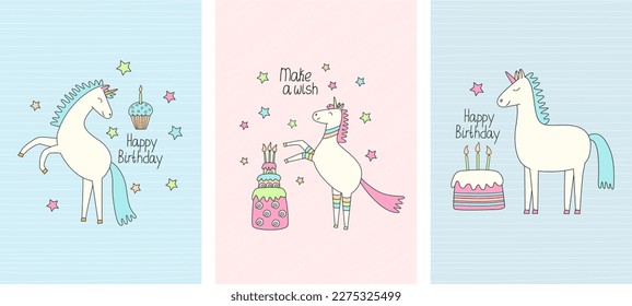 Set of greeting cards with cute unicorns and cakes with candles. Hand drawn colorful vector illustration and make a wish, happy birthday letterings. Fairy animal. Doodle style.