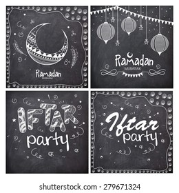 Set of greeting cards decorated with different Islamic elements in chalkboard style for holy month of Muslim community, Ramadan Kareem celebration. 