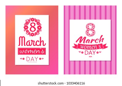Set of greeting cards design 8 March day postcards template with flourish elements, calligraphic inscription text written on ribbon vector illustration