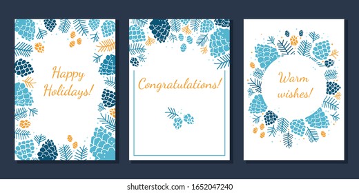 Set of greeting cards with design of fir cones and branches