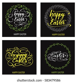 Set of greeting cards designed for Easter with hand drawn lettering on black background. Vector illustration.