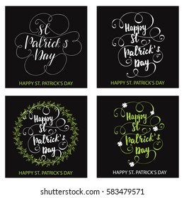 Set of greeting cards designed for St. Patrick's Day with hand drawn lettering on black background. Vector illustration.