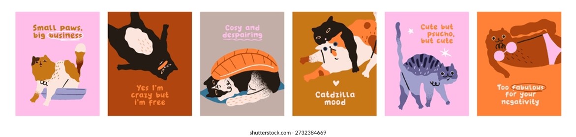 Set of greeting cards designs with cute cats and comic phrases. Festive layouts with silly and crazy kitte. Postcard templates with funny kitties in different poses. Flat vector illustrations