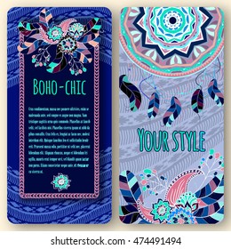 set of greeting cards. detailed doodles. Boho style. traditional, ethnic patterns