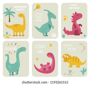 Set of greeting cards with dinosaurs. Suitable for invitations, greetings or children fashion