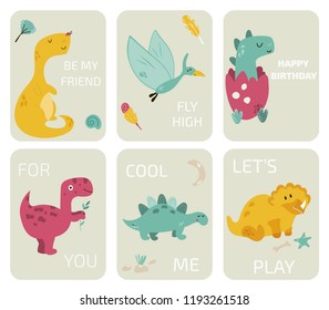 Set of greeting cards with dinosaurs. Suitable for invitations, greetings or children fashion