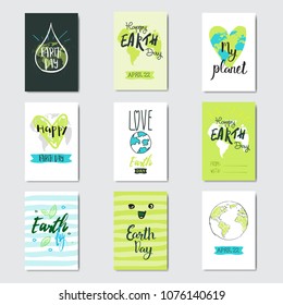 Set Of Greeting Cards Earth Day Eco Event Cute Postcards With Hand Drawn Lettering