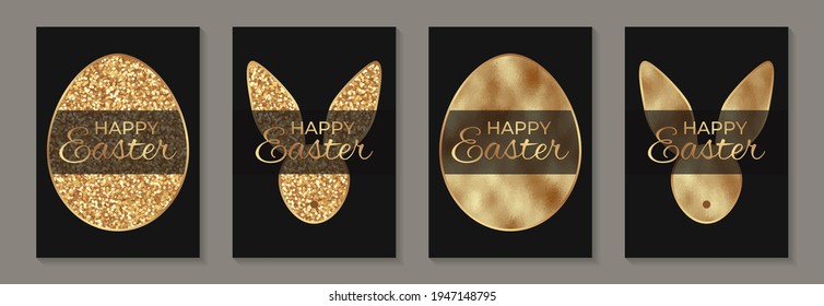 Eine Reihe von Grußkarten für Ostern, die mit glänzenden goldenen Eiern und Kaninchen auf schwarzem Hintergrund gefeiert werden.