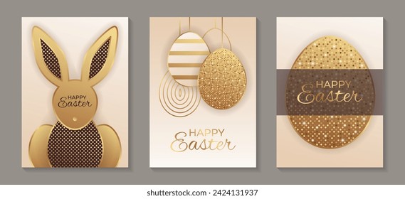 Set of greeting cards for Easter celebrating with golden eggs and rabbit on a beige background.