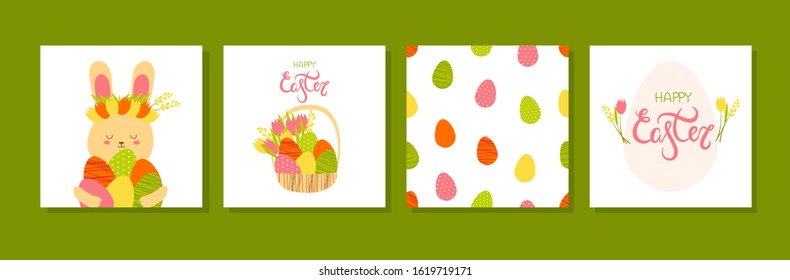 set of greeting cards for easter day. pattern of easter eggs, easter bunny, basket with eggs and flowers tulips, happy easter lettering on a white background. for design, greetings, cards, invitations