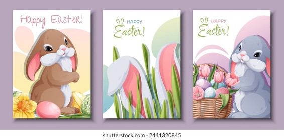 Set of greeting cards for Easter. Poster, banner with Easter bunny and eggs. Spring time!