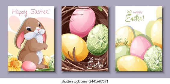 Set of greeting cards for Easter. Poster, banner with Easter bunny and eggs in the nest. Spring time!