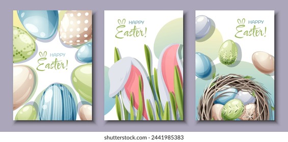 Set of greeting cards for Easter. Poster, banner with Easter bunny and eggs in the nest. Spring time!