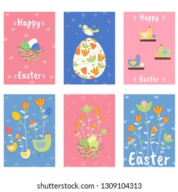 Set greeting cards Easter, spring holiday, Easter egg and Easter rabbit, greeting cards with flowers and elements composition. EPS Vector 10