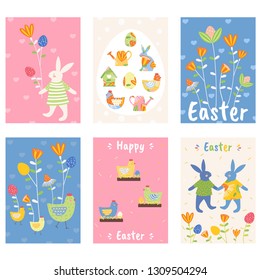 Set greeting cards Easter, spring holiday, Easter egg and Easter rabbit, greeting cards with flowers and elements composition. EPS Vector 10
