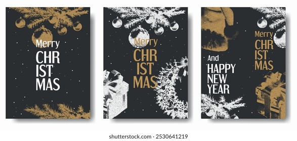 Set of greeting cards with the effect of grain and dotted lines. Festive Christmas background, design of an advertising banner, a flyer in silver-gold tones on a black background. Vector.