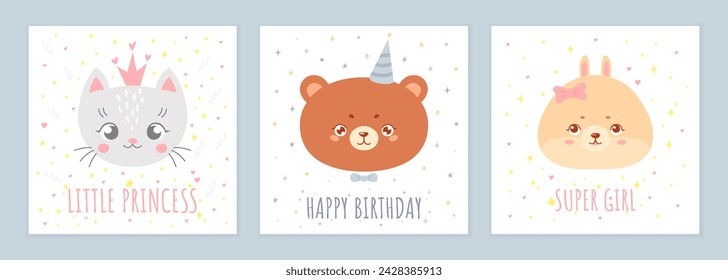 Set of greeting cards with face cute baby animal. Faces of a bear, cat and rabbit. Hand drawn nursery character collection for invitation, print, card or poster. Trendy scandinavian funny design for