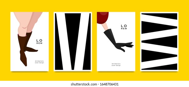 Set of greeting cards. Female body parts and geometric pattern. Applicable for magazine covers, outdoor prints, ads and prints in the beauty industry. Vector illustration.